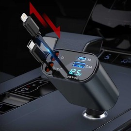 شاحن سيارة سوبر فاست يدعم الآيفون والتايب سي مع كيبل قابل للسحب شاحن سيارة سوبر فاست يدعم الآيفون والتايب سي مع كيبل قابل للسحب