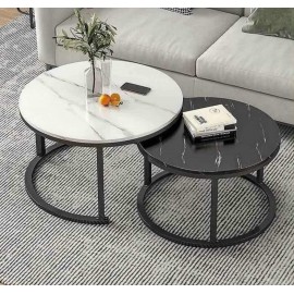 طقم طاولات وسط دائري مكون من قطعتين باللون الابيض والاسود