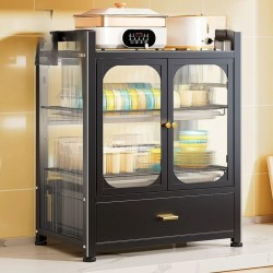 خزانة معدنية للمطبخ لتنظيم الجلي مكونة من طبقتين وجرار اضافي باللون الأسود