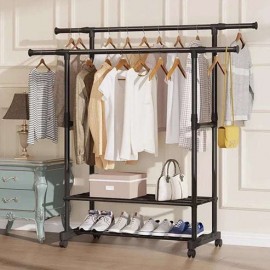 ستاند ملابس معدني مزدوج مع رفوف لوضع الأحذية 