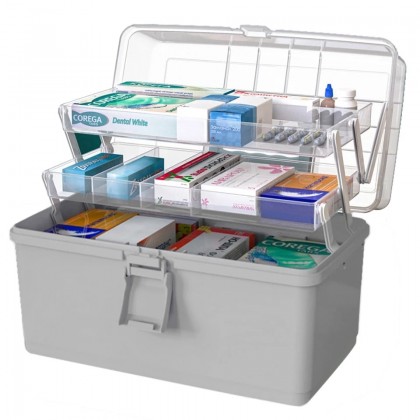 صندوق بلاستيك للأدوية مكون من عدة رفوف محكم الاغلاق