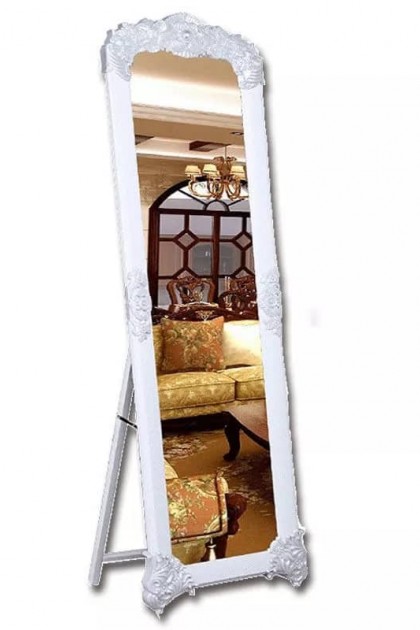 مرآة طويلة مزخرفة باللون الأبيض