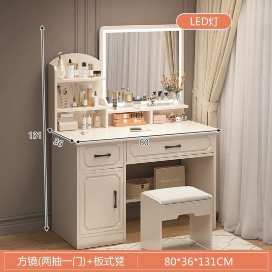 بيرو خشبي باللون الأبيض مع كرسي ومراية مضيئه +md 9-am-28