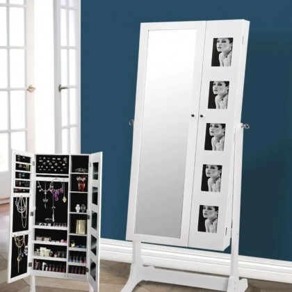 خزانة إكسسوارات باللون الأبيض مع مرآة ومكان مخصص للصور 